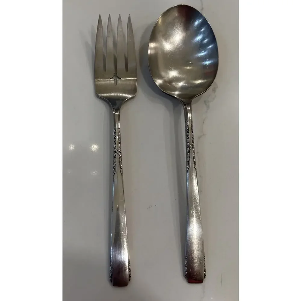 Vtg Wm A Rogers A1 Plus‎ 1936 Camelot-Harvest Large Serving Spoon & Meat Fork SP